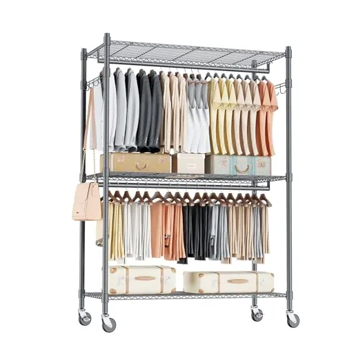 Himimi Perchero Doble con Estantes Ajustables en Altura, Perchero Resistente con 2 Ganchos, Rieles de Ropa con Ruedas, 90 * 42 * 205cm, Gris