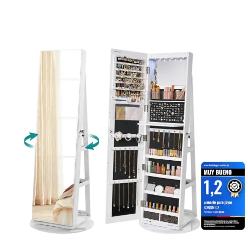 SONGMICS Espejo Joyero con 6 LEDs, Armario de Joyas de Giro de 360°, Organizador de Joyas Giratorio, sin Marco, Espejo Completo con Almacenaje, Superficie Blanco y Forro Negro JJC007W01