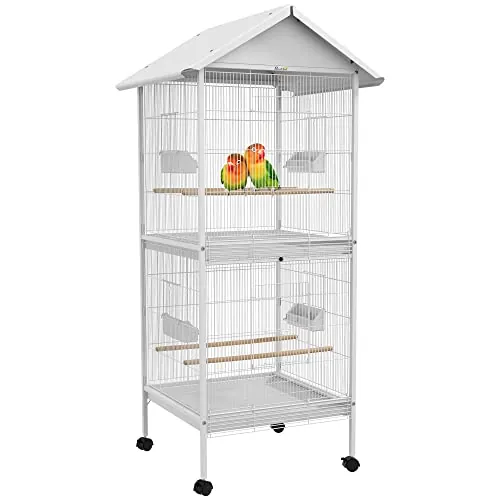 PawHut Jaula para Pájaros Grande de 2 Pisos Convertible en Sola Jaula con Ruedas 4 Comederos 4 Perchas y Bandejas Extraíbles para Canarios Loros 78x75x168 cm Blanco