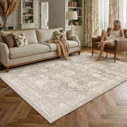 PureCozy Beige Alfombra Salon 140x200cm Habitacion Alfombras | Lavable, Antideslizante, Carpet, Vintage, Tapete, Dormitorio, Sala, Comedor, Oficina, Pelo Corto