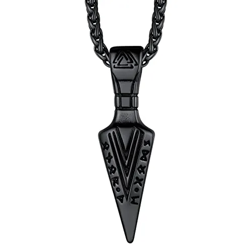 Richsteel Colgante Flecha con Letras Vikingas Nudos Valknut Odin Mjolnir, Acero Inoxidable Color Negro