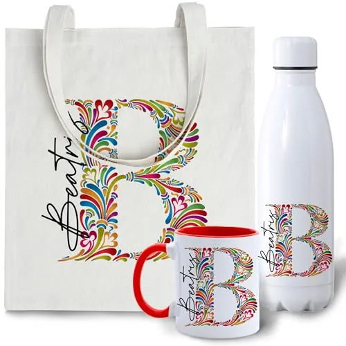 Gente Creativa Set Regalo Personalizado Mujer – Tote Bag con Inicial y Nombre + Botella a Juego | Opción de Añadir Taza Personalizada con Mensaje y Color – Hecho a Mano en España