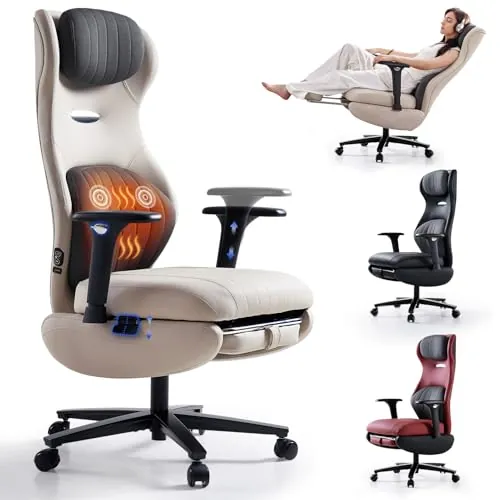 EMIAH Silla de Escritorio Reclinable con Calefacción Masaje,Cuero PU,Blanco