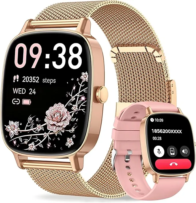 Reloj Inteligente Mujer,Respuesta/Realización Llamadas,Pantalla Ultra Nítida 1.85''HD,Monitor Fitness Tracker Frecuencia Cardíaca,Sueño/SpO2,Compatible IOS/Android,120+Modos Deportivos,IP68 y 2Correas