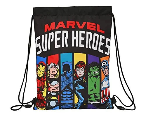 AVENGERS Super Heroes - Mochila Saco Plano Junior, Mochila, Ideal para Niños de Diferentes Edades, Cómoda y Versátil, Calidad y Resistencia, 26x34 cm, Color Negro