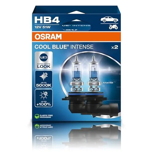OSRAM COOL BLUE INTENSE HB4, +100% más de brillo, hasta 5.000K, lámpara de faro halógena, aspecto LED, caja plegable colgante (2 lámparas)
