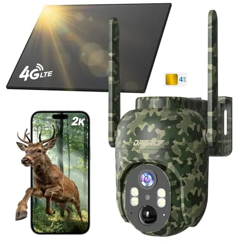 DFGRD 4G LTE Cámara Vigilancia Exterior Solar con Tarjeta SIM Preinstalada sin WiFi, 2K PTZ 360° Batería 10400mAh, Detección de Movimiento PIR, Visión Nocturna a Color, Audio Bidireccional, IP66