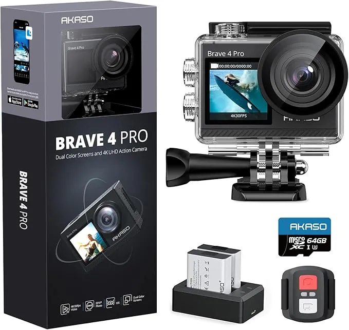 AKASO Brave 4 Pro Cámara Deportiva 4K 20MP con Tarjeta de Memoria U3 de 64GB Cámara de Acción Camara Acuatica Sumergible 40M con Dual Pantalla EIS 5X Zoom 2*1350mAh Baterías Multi Accesorios
