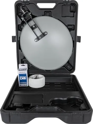 Megasat Maletín de Camping LNB + Cable – Sistema Satélite (Incl. Antena parabólica, Ventosa, Soporte para mástil y Pared, LNB, 10 m de Cable de Antena)