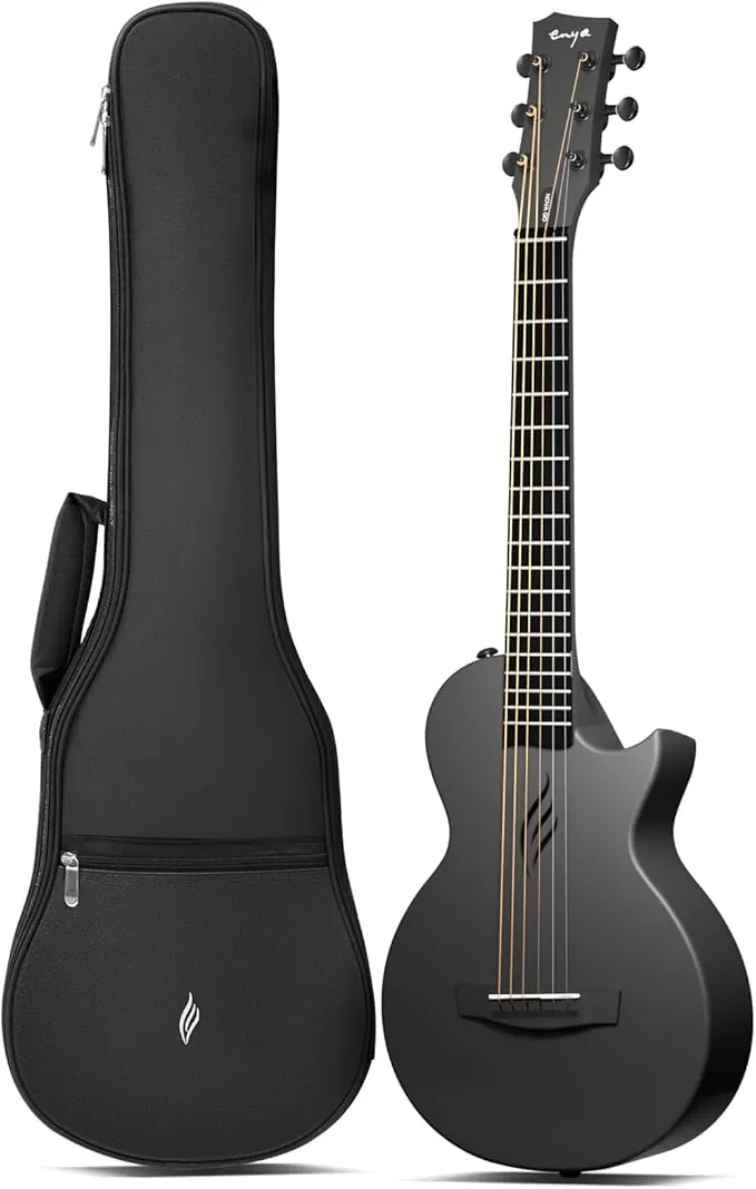 Enya Nova Go Mini Guitarra - Guitarra Acústica Negra 1/4 Guitarra Viaje Fibra Carbono para Adultos Principiantes Set de Iniciación Educación Musical para Niños