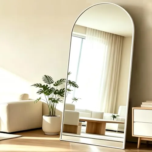 NEUWEABY Espejo de Cuerpo Entero 180 x 80 cm Espejo arqueado Blanco Espejo de Suelo arqueado con Soporte Colgado o Apoyado en la Pared para la Entrada del Dormitorio, Sala de Estar