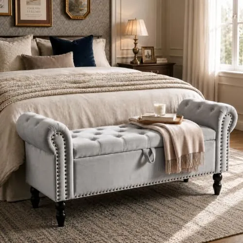 Clevich Banco con Almacenaje 133cm, Terciopelo Baul Almacenaje Dormitorio con Varilla de Elevación, Estilo de Francés, Extremo de la Cama con Tapa, Patas de Madera Maciza (Gris Claro)