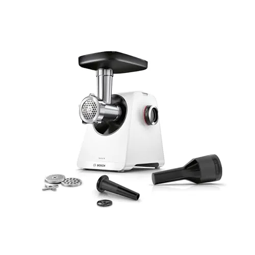 Bosch - Picador de carne, MultiPower, Serie 4, 1900 W, Molinillo, Accesorio para salchichas, Blanco, MFWS420W