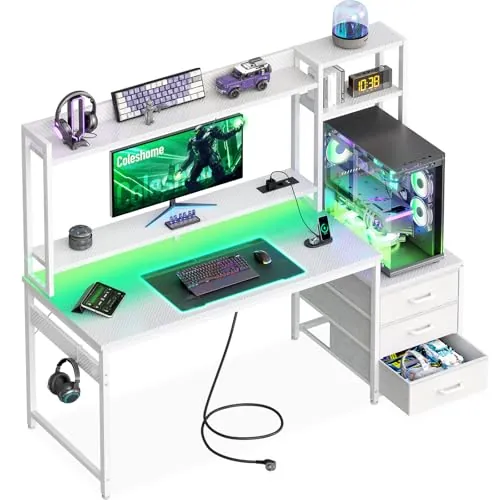 Coleshome Escritorio Gaming con Estantería, 137x48cm, Fibra Carbono Blanco
