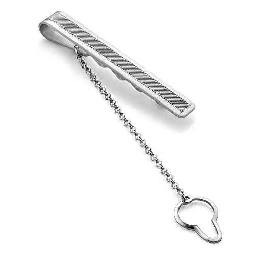 STERLL Pinza De Corbata Para Hombre De Plata De Ley Con Patrón De Rayas Fino Y Cadena De Seguridad