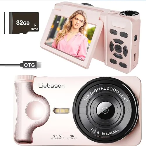 Liebssen Cámara Digital 4K UHD, Pantalla 3" Abatible 180°, 64MP Autofocus, Time-Lapse, Slow Motion, Redes sociales, Webcam, 32GB Portátil para Fotografía y Vídeo, Regalo para Niños y Principiantes