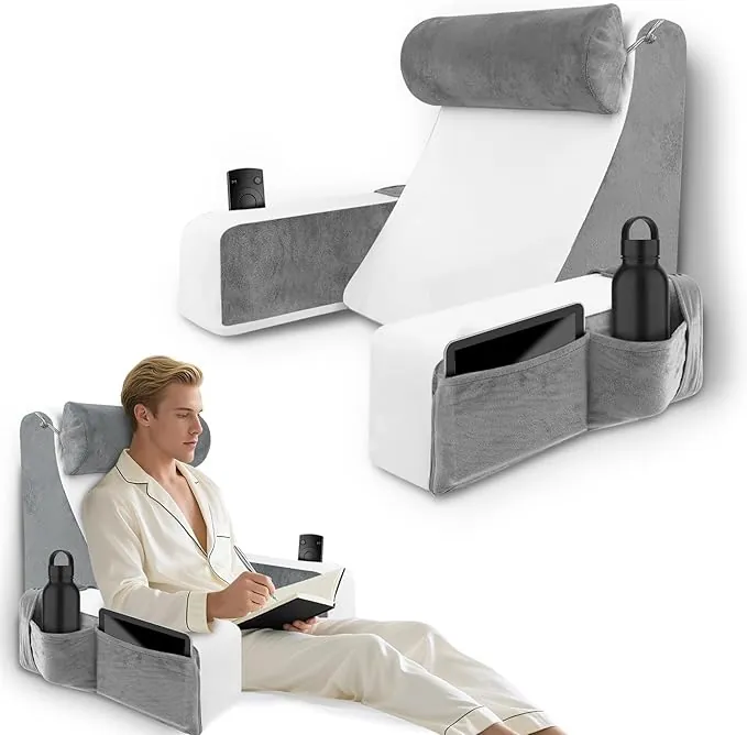 HOMCA Almohada Lectura Cama, Cojin Lectura con Cuello Desmontable y Brazos, Almohada en Forma de Cuña para Cama y Sofá, Almohada de Respaldo para Jugar, Relajarse, Leer (38x47x57cm)