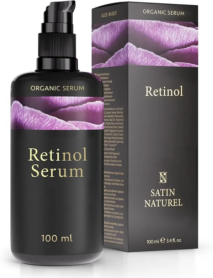 Satin Naturel Sérum Facial Retinol Puro 100ml – Sérum Antimanchas y Antiarrugas con Ácido Hialurónico, Niacinamida, Vitamina E y Aloe Vera Orgánica para Cara y Contorno de Ojos Vegano