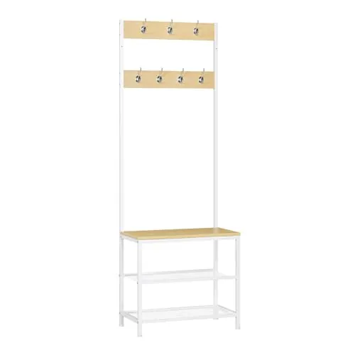 WOLTU Estantería Ropa Abierta, Perchero de Pie con 3 Estantes y 7 Ganchos, Armario Ropa Recibidor en Estructura Metálica y Madera, para Dormitorio y Salón, 60x31,5x170 cm, Roble Claro+Blanco