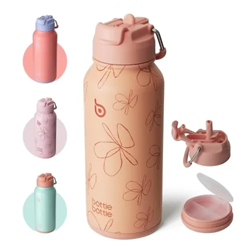 BOTTLE BOTTLE Botella de agua aislada de 950ml (32 onzas) de acero inoxidable, botellas de agua deportivas con pajita, tapa de doble uso, diseño de termo para el gimnasio con caja de pastillas