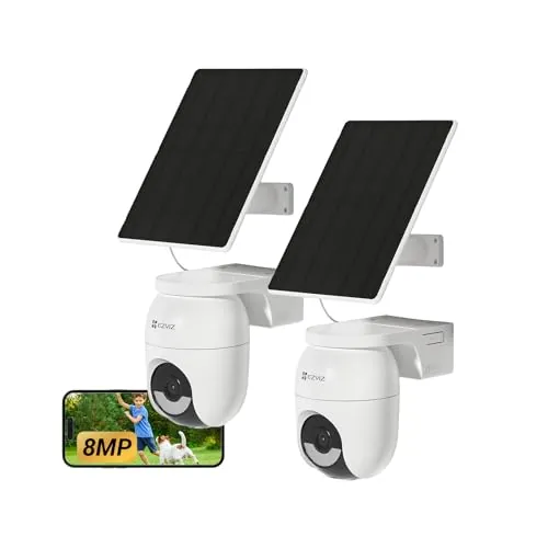EZVIZ 8MP Cámara Vigilancia Exterior Solar con Batería 4K, AOV,Wi-Fi,360° Sin Cables,Detección de Personas/Vehículos IA,Visión Nocturna en Color,Zoom Automático.CB8 Lite+Panel Solar 5W,2 Unidades