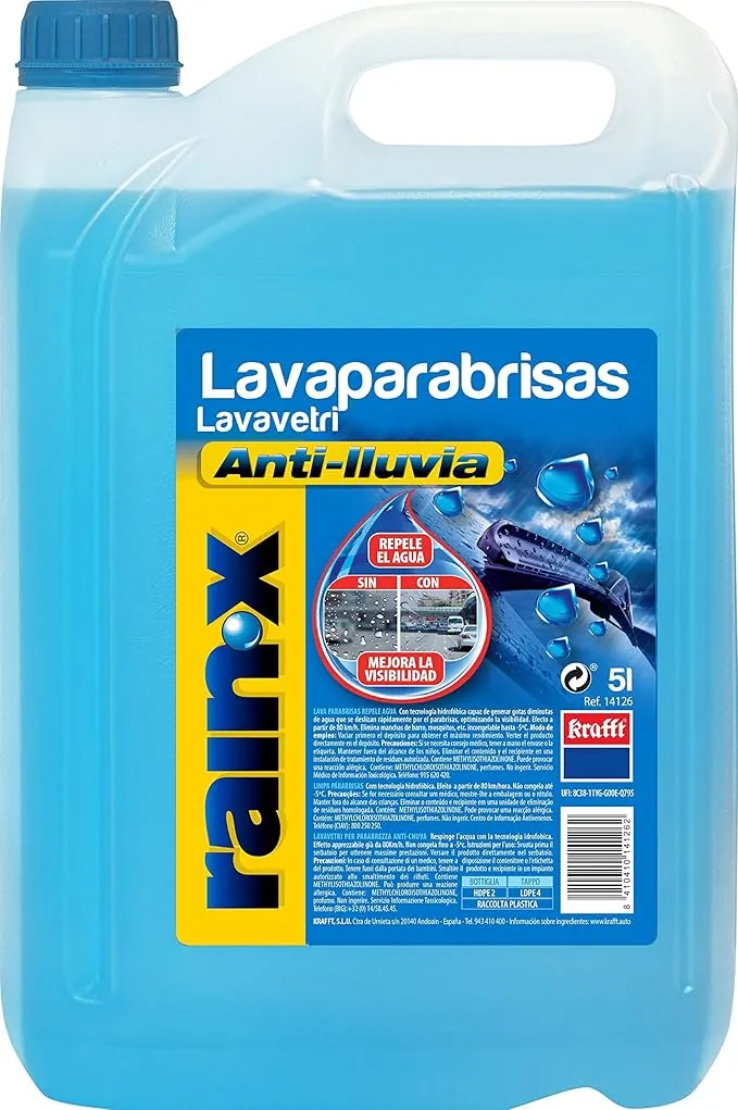 Rain-X Limpiaparabrisas Coche Concentrado con Tecnología Hidrofóbica Antilluvia – Visibilidad Superior y Protección hasta -5ºC - Fórmula Repelente de Agua – No deja Manchas - 5L