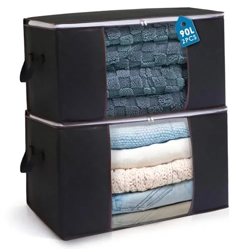 AIOR 2pcs Bolsa de Almacenamiento de Ropa Plegable, 90L Grandes Cajas de Almacenaje Ropa con Mango Reforzado, No-Tejida Organizador Guardar para Edredones Mantas, 60x40x35cm (Negro)