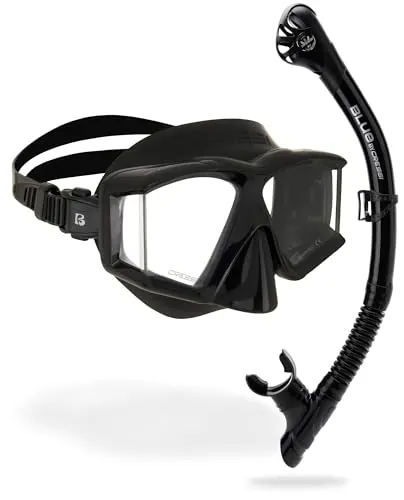 CRESSI Horizion+Scilla Combo Black/Black - Set Unisex Máscara Horizon 4 Cristales Templados Separados y Tubo Snorkel Scilla Top Dry Valve System para Buceo y Snorkeling, Negro/Negro