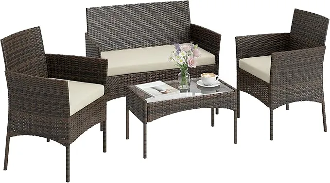 Outsunny Conjunto Jardín Exterior de Ratán con Cojines Conjunto Terraza Resistente a la Intemperie Muebles Jardín Exterior con 2 Sillones Sofá de 2 Plazas Mesa con Cristal Marrón