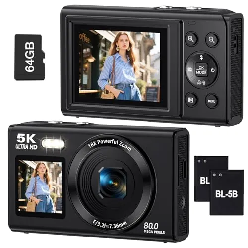Cámara Digital 5K con Dos Pantallas Para Vlogging, Cámara WiFi 80 Mp Con Pantalla Frontal,Zoom 18x, Luz Iluminación, Incluye Tarjeta de 64 GB Y 2 Baterías