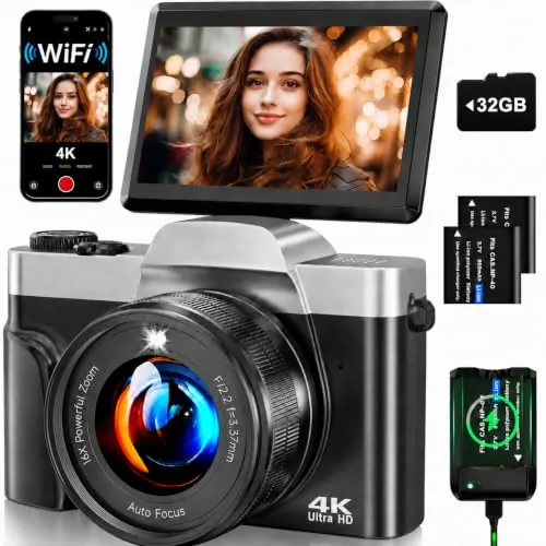 Cámara Digital 4K 64MP con WiFi, Cámara Vlogging con Autofocus y Webcam, Pantalla 3″ Abatible 180°, Zoom Digital 16X, Estabilización, Tarjeta SD 32GB, Base de Carga y 2 Baterías para Principiantes