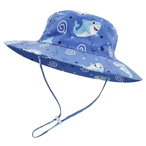 LACOFIA Sombrero Sol para Bebé Niño Gorro Verano de Pescador para Niñas Ajustable Borde Ancho para Playa/Piscina/Exteriores/Natación Tiburón Azul 6-24 Meses