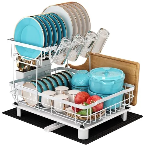 MAJALiS Escurreplatos Acero Inoxidable con Drenaje, Escurridor de Platos con desagüe Automático de Cocina, Escurridor Platos con Soporte para Utensilios, Tabla de Cortar, Portavasos, 2 Niveles, Blanco