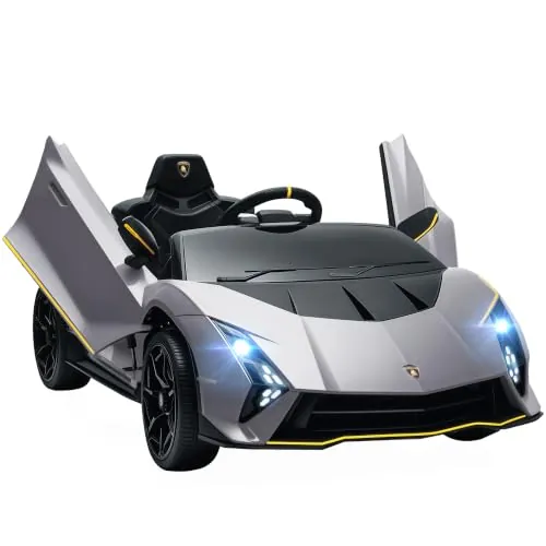 AIYAPLAY Coche Eléctrico para Niños de +3 Años Lamborghini 12V Gris | 2 Motores Potentes, Velocidad 3-5 km/h, Mando a Distancia 2,4G, Faros, Bocina, Arranque Suave, MP3