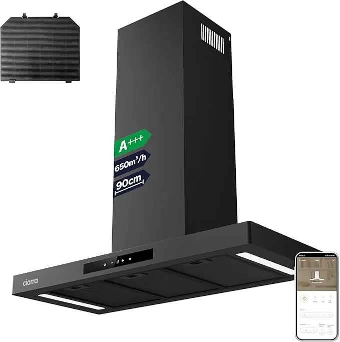 CIARRA CBCB9102-P Campana Extractora 90cm Clase A+++ 650 m³/h Recirculación por filtro Carbono Control Wi-Fi App 4 Velocidades Función Boost