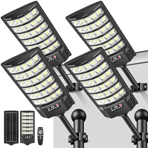 LEKIA Farola Solares Exterior, Potente 1000W 7000K Luz Solar Exterior con Sensor Movimiento y Mando Distancia, Focos LED Solar Impermeable Luces Solares para Jardín, Calle (4 Paquetes)
