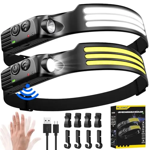 Linterna frontal LED recargable, superbrillante, 3000 lúmenes, con sensor de movimiento, gran angular de 230°, 2 luces LED, impermeable IPX5, ligera, 0,06 kg, adecuada para exteriores, camping