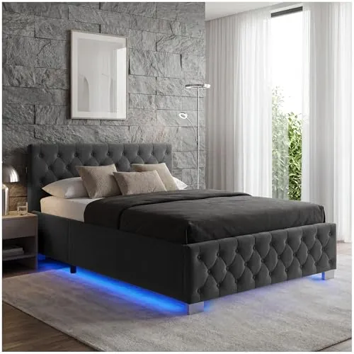 tectake® Cama Tapizada de Terciopelo con Leds, Canape Somier Abatible, Acero Estable, Cama Alta con 300 kg de Capacidad, Mando, Acolchado Chesterfield, Iluminación LED - 215 x 148 cm Negro