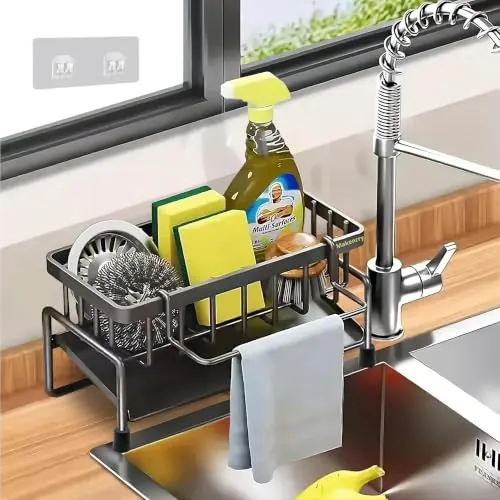 Makenrry Organizador de Fregadero, Organizador Cocina, Porta Estropajos Fregadero, Soporte para Estropajo con Ventosas Antideslizantes, Ideal para Almacenaje de Estropajo Cocicna. (Gris Lacado)