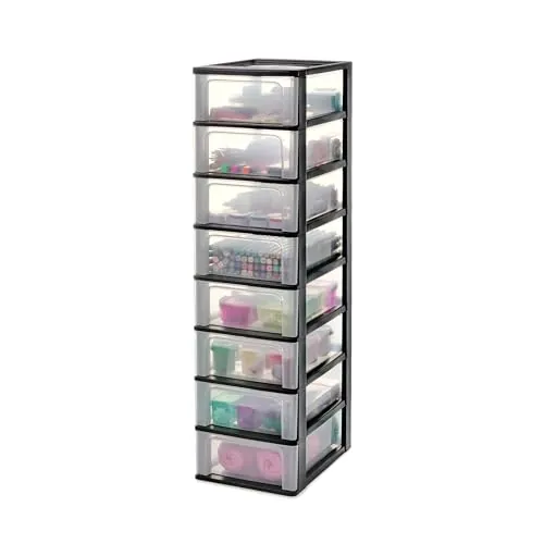 Iris Ohyama, Torre de Almacenamiento de Plástico, 8 Cajones Compactos, Negro, Fácil Apertura, Formato A4, A5 y A6, Mueble Organizador, para Oficina, Material Escolar, Papelería, Sin BPA, OCH-2080