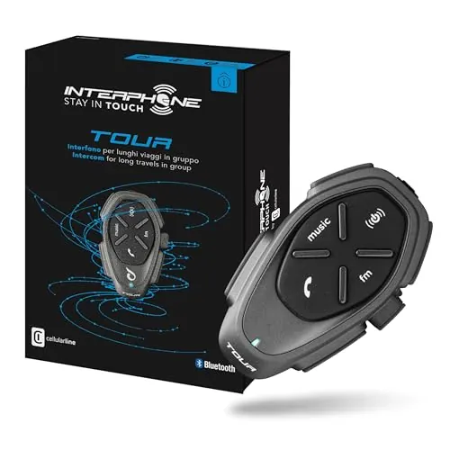 INTERPHONE Tour - Soltero - Bluetooth Motorcycle Intercom, hasta 4 Motociclistas, Distancia de 1.5 km, autonomía de 25 Horas, Carga rápida, Radio, mp3, GPS, Impermeable, Universal.