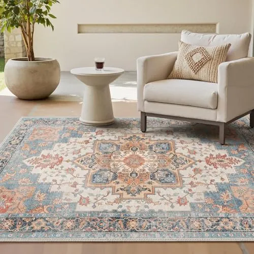 GENIMO Alfombra Salon Vintage Alfombras de Área Lavables en Máquina, Alfombras con Base Antideslizante, Alfombra de Dormitorio de Pelo Corto para Cocina, Comedor, Azul Coral Vintage, 160X230CM