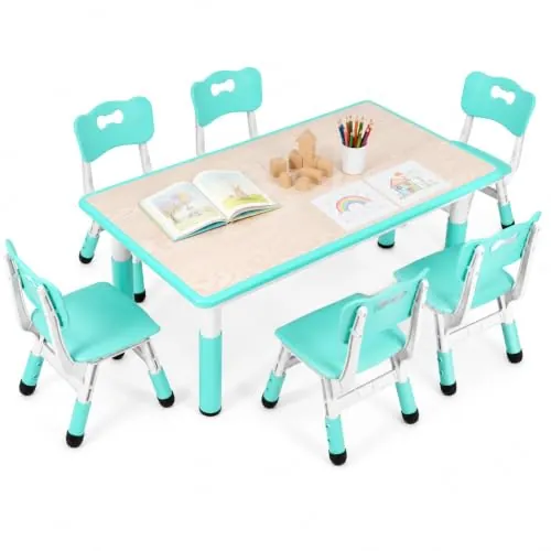 MAMIZO Mesa Infantil con 6 Sillas, Mesa y Silla Infantil en Altura Ajustable,de Dibujo a Partir de 2 Años,Niños Adecuado para Hogares, Escuelas y Guarderías, Verde