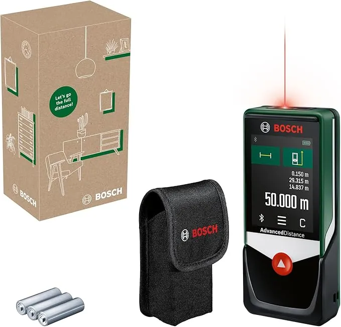 Bosch AdvancedDistance 50 C medidor láser (mide con precisión distancias de hasta 50 m, pantalla táctil, diferentes funciones de medición con asistencia integrada, en caja para e-commerce)