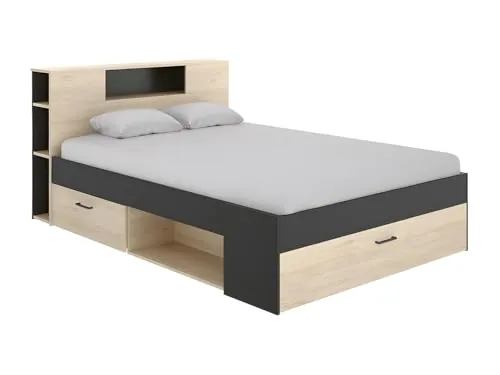 DEKIT GRUPO RIMOBEL LANKA - Cama de matrimonio con almacenaje en cabecero y bajo cama - Natural / Grafito - 95x149x218 cm