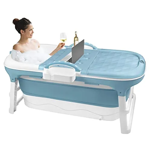 UISEBRT Bañera plegable para adultos, tamaño L, portátil, 118 x 62 x 53 cm, con cubierta extraíble, jabonera, rodillos de masaje, para cuarto de baño pequeño, azul