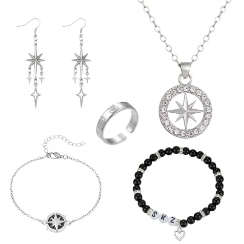 XFSRG Conjunto Joyas Stray para Hombres y Mujeres Collar de Brújula Ajustable Pulsera Pendientes Anillo Set Regalo de Mercancía para Fans de Stray para STAY