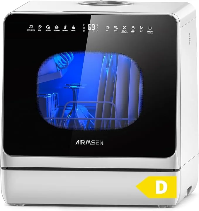 AIRMSEN Mini Lavavajillas Portátil, lavavajillas pequeño de 5L, 8+3 Programas, Inicio Diferido 1–18 h, Ablandador de Agua y Bloqueo Infantil
