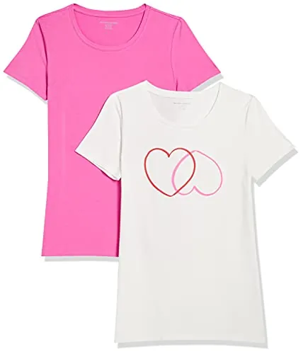 Amazon Essentials Camiseta de Manga Corta y Corte Estándar (Opciones de Cuello Redondo y Cuello en V) Mujer, Pack of 2, Blanco Corazones/Rosa, L