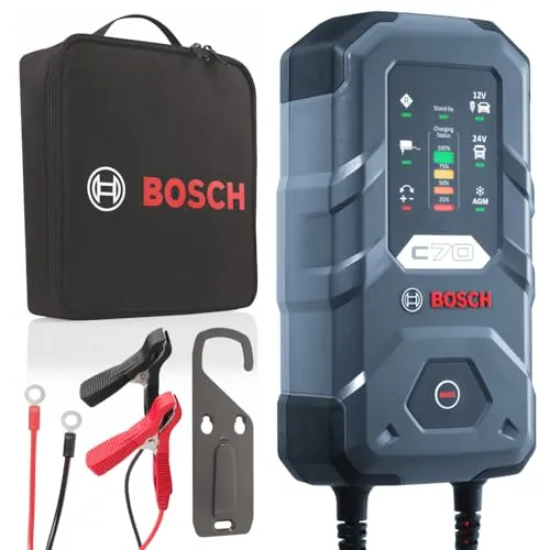 Bosch Cargador de Batería para Coche C70, 10 Amperios, con Función de Carga Continua - para Baterías de Plomo-ácido, AGM, Gel, y EFB, 12V/24V
